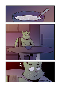 anthro appliance armpit_hair at_table balls body_hair bowl cabinet casual_nudity cereal chair chewing container cute_fangs eating eating_food fangs flaccid food fridge fur furniture genitals green_body green_fur inside kitchen kitchen_appliance kitchen_utensils male nipples noticing nude on_chair penis sitting sitting_on_chair solo table teeth three_frame_image tools whiskers t0l0k ted_(t0l0k) domestic_cat felid feline felis mammal comic hi_res multiple_scenes