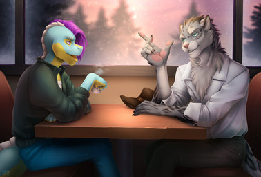 5_fingers anthro black_spots blue_eyes breasts clothed clothing detailed_background female fingers fur grey_body grey_fur male markings open_mouth spots spotted_body spotted_fur teeth tongue sunnyowi peameal felid feline mammal pantherine snow_leopard 2022 character_request digital_media_(artwork)