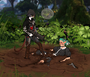 anthro blush clothed clothing dialogue dirty duo female fully_clothed grass gun handgun holding_gun holding_object holding_ranged_weapon holding_weapon humanoid_pointy_ears logo maid_uniform male mud mud_covered on_ground onomatopoeia outside pattern_clothing pistol plant pointy_ears ranged_weapon scar_(gun) shrub sound_effects speech_bubble standing stepped_on striped_clothing stripes tail text tree uniform weapon white_body white_skin yellow_eyes severeni epic_games fortnite nintendo splatoon levi_(fatcat4t4) meow_skulls aquatic cephalopod domestic_cat felid feline felis mammal mollusk octarian octoling artist_logo artist_name english_text hi_res