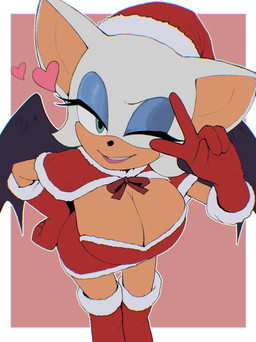 anthro big_breasts blue_eyeshadow boots bottomwear breasts capelet christmas_clothing christmas_headwear cleavage clothed clothing eyelashes eyeshadow female footwear gesture gloves green_eyes hand_gesture handwear hat headgear headwear heart_symbol holidays makeup one_eye_closed santa_hat shoes skirt smile solo tan_body v_sign wink k3nz0_0244 christmas sega sonic_the_hedgehog_(series) rouge_the_bat bat mammal 2025 hi_res