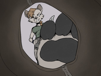 anthro boots braided_hair breasts clothing feet female foot_fetish foot_focus foot_play footwear fur grey_body grey_fur hair hindpaw inside_shoe looking_at_viewer low-angle_view one_eye_closed pawpads paws shoes smile smiling_at_viewer smirk smirking_at_viewer solo teasing teasing_viewer wink winking_at_viewer yellow_eyes masterexalt african_wild_dog canid canine mammal 4:3