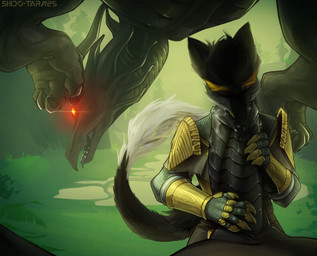 anthro anthro_on_feral anthro_penetrated armor bestiality black_body bodily_fluids duo erection fantasy fellatio feral feral_penetrating feral_penetrating_anthro genital_fluids genitals glowing glowing_eyes hand_on_penis male oral penetration penile penis precum sex size_difference conditional_dnp shido-tara dark_souls fromsoftware mythology black_dragon_kalameet dragon mythological_creature mythological_scalie scalie sergal hi_res