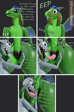 5_panel_comic animal_genitalia anthro becoming_erect blue_body blue_eyes blush bodily_fluids breasts darkened_genitalia dialogue duo erection female genital_fluids genital_slit genitals green_body hand_on_face hand_on_leg hand_on_penis hand_on_thigh leaking_precum licking looking_at_another looking_at_viewer male male/female membrane_(anatomy) membranous_wings monotone_background nipples nude open_mouth open_smile oral panicking penile penis penis_lick pink_penis plump_slit precum sex sharp_teeth simple_background smile surprised talking_to_viewer tapering_penis teeth text tongue tongue_out wings ferrethazel mythology dewdrop_(ferrethazel) hydrangea_(ferrethazel) dragon mythological_creature mythological_scalie scalie 2:3 3d_(artwork) absurd_res comic digital_media_(artwork) english_text hi_res