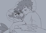 anthro beak bed bedding blanket blush claws clothing cuddling digiphilia duo eyebrows furniture human_on_anthro interspecies male male/male shirt side_by_side t-shirt thick_eyebrows topwear wings mofumi_corvus bandai_namco digimon digimon_survive falcomon_(survive) minoru_hyuga digimon_(species) falcomon human mammal hi_res