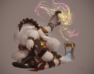 ambiguous_anthro ambiguous_gender anthro armor brown_background brown_horn cape clothed clothing fur horn horn_jewelry horn_ring hourglass_(object) jewelry magic_user mask ring_(jewelry) simple_background sitting solo wearing_mask white_body white_fur darkgem hi_res signature