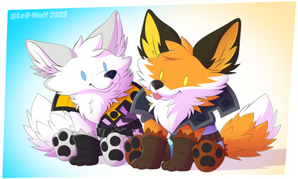 anthro blep blue_eyes brown_body brown_fur chibi clothing duo fur gloves handwear male orange_body orange_fur pawpads paws smile tongue tongue_out white_body white_fur yellow_eyes leo-wolf epic_games fortnite fennix_(fortnite) volpez_(fortnite) arctic_fox canid canine fox mammal red_fox true_fox 2023 digital_media_(artwork) hi_res brother_(lore) brothers_(lore) sibling_(lore)