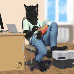 anthro biped clothed clothing computer electronics fur headphones inside laptop male sitting solo technology yojek163 canid canine canis mammal wolf 1:1 hi_res