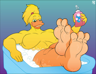 anthro bath bathtub beak breasts feet female foot_focus membrane_(anatomy) non-mammal_breasts smile solo toes webbed_feet 50percentgrey anatid anseriform avian bird duck
