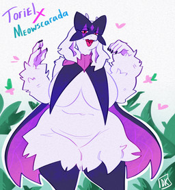 anthro arm_tuft belly big_breasts biped black_body black_fur black_nails breast_curtains breasts colored_nails covered_nipples cute_fangs ears_down eyelashes facial_markings fangs featureless_crotch female female_anthro floppy_ears flower frill_(anatomy) front_view fur fusion grass half-closed_eyes head_markings horn huge_breasts leg_tuft long_ears looking_at_viewer lop_ears markings mask mask_(marking) mature_anthro mature_female multicolored_body multicolored_fur nails narrowed_eyes navel neck_frill nude open_mouth open_smile petals pivoted_ears plant pose pupils purple_inner_ear red_eyes scarf slightly_chubby slightly_chubby_anthro slightly_chubby_female smile smiling_at_viewer solo standing teeth text thick_thighs thigh_tuft tongue tuft two_tone_body two_tone_fur white_body white_fur wide_hipped_anthro wide_hipped_female wide_hips darkriallet nintendo pokemon undertale_(series) toriel bovid caprine generation_9_pokemon goat mammal meowscarada pokemon_(species) absurd_res character_name english_text hi_res signature