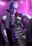 blue_eyes breasts clothed clothing eyelashes facial_markings female head_markings jacket looking_at_viewer markings not_furry purple_body purple_skin solo topwear ynorka bioware electronic_arts mass_effect aria_t'loak alien alien_humanoid asari humanoid 2023