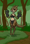 anthro black_clothing brown_body brown_eyes brown_scales brown_tail clothing detailed_background eyelashes fangs female grass magic magic_gauntlet magic_user markings multicolored_body multicolored_scales navel paws plant scales smile solo tail tail_markings teeth tree two_tone_body two_tone_scales two_tone_tail squablodecomplash wiggles_(squablodecomplash) kobold scalie 2019 hi_res