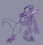 3_fingers 3_toes anthro armor claws clothing feet fingers gun holding_object holding_weapon male ranged_weapon solo standing toe_claws toes weapon sillyshroudedserpent disney lilo_and_stitch united_galactic_federation_trooper alien dinosaur dromaeosaurid prehistoric_species reptile scalie theropod velociraptor hi_res monochrome purple_and_white