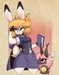 anthro bell biped bottomwear breasts clothed clothing dipstick_ears duo ear_markings eyewear female feral glasses hair holding_object multicolored_ears skirt tail honowyn cc-by-nc-sa creative_commons lagomorph leporid mammal rabbit hi_res