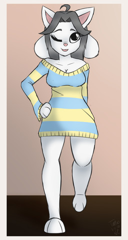 anthro anthrofied black_eyes blep blue_clothing blue_sweater blue_topwear border breasts brown_border cleavage clothed clothing female grey_hair hair one_eye_closed pattern_clothing pattern_sweater pattern_topwear solo striped_clothing striped_sweater striped_topwear stripes sweater tongue tongue_out topwear white_body wink turbodragon undertale undertale_(series) temmie_(undertale) canid canine felid feline mammal tem absurd_res hi_res