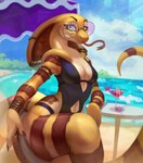 alcohol anthro beach beverage bikini breasts chair cleavage clothed clothing cocktail countershade_torso countershading eyewear female forked_tongue furgonomics furniture furry-specific_piercing glasses looking_at_viewer non-mammal_breasts piercing pupils sea sitting slit_pupils snake_hood snake_hood_piercing solo stripes swimwear table tail tongue tongue_out two-piece_swimsuit water white_body white_countershading yellow_body mrjairorate fora cobra reptile scalie snake hi_res