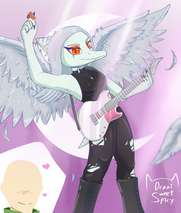 amber_eyes anthro bald black_bottomwear black_clothing black_jeans black_pants blush boots bottomwear breasts claws clothing crop_top denim denim_bottomwear denim_clothing duo elbow_feathers electric_guitar eyelashes eyeliner feathered_wings feathers female fingers footwear grey_body grey_hair grey_scales guitar hair halter_top heart_symbol jeans jewelry long_hair makeup male midriff musical_instrument necklace pants playing_guitar playing_music plucked_string_instrument scales shirt shoes short_tail simple_background smile snout string_instrument tail text topwear torn_bottomwear torn_clothing torn_jeans torn_pants wings draxisweetspicy cavemanon_studios goodbye_volcano_high ko_op_(game_developer) snoot_game anon_(snoot_game) fang_(gvh) human mammal prehistoric_species pterosaur reptile scalie 2023 artist_name digital_drawing_(artwork) digital_media_(artwork) hi_res signature