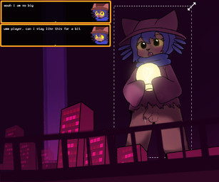 anthro balls black_eyes blush bodily_fluids brown_clothing brown_coat brown_topwear building city clothing coat dialogue_box furgonomics genital_fluids genitals hair hat headgear headwear light_bulb macro male oversized_sleeves penis precum scarf solo text topwear wearing_hat yellow_sclera young pemmican oneshot niko_(oneshot) domestic_cat felid feline felis mammal 6:5 english_text