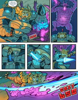2_horns 5_fingers accessory ambiguous_gender anthro armor big_breasts blonde_hair blue_eyes bow_ribbon braided_hair breasts claws cleavage cleavage_cutout clenched_teeth clothed clothed_anthro clothed_female clothing critical_hit cutout damage_numbers dialogue energy_weapon exclamation_point eyebrows female fight finger_claws fingerless_gloves fingers fur gloves glowing glowing_eyes glowing_mouth glowing_tongue group hair hair_accessory hair_bow hair_ribbon handwear horn magic male melee_weapon polearm purple_body ribbons sharp_teeth spear speech_bubble teeth text toe_claws tongue tongue_out weapon weapon_trail yellow_body yellow_fur ceehaz dog_knight_rpg jeane_(ceehaz) bird_dog canid canine canis domestic_dog golden_retriever hunting_dog mammal monster retriever 2025 absurd_res comic english_text hi_res