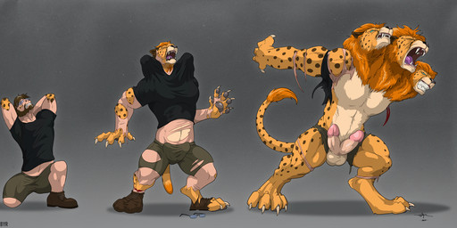 3_heads anthro balls base_one_layout basic_sequence bottomwear bulge clothing digitigrade erection footwear genitals growth head_growth humanoid_genitalia humanoid_penis linear_sequence male multi_genitalia multi_head multi_penis one_row_layout pants penis shirt shoes snout solo standing three_frame_image three_frame_sequence topwear torn_clothing transformation transformation_sequence zibyr cheetah felid feline human hybrid lion mammal pantherine sequence