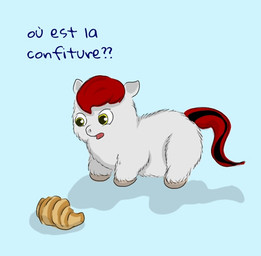 ambiguous_feral ambiguous_gender black_tail blue_background blue_text bread croissant dialogue feral food fur grey_body grey_eyes grey_fur hair hooves looking_at_object open_mouth pastry red_hair red_tail side_view simple_background solo standing tail text two_tone_tail young young_ambiguous young_feral carpdime fluffy_pony fluffy_pony_(species) mammal digital_media_(artwork) french_text shaded translated