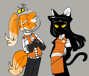 anthro anthrofied bag black_body black_fur clothing duo female female_anthro fur gloves hair handwear ponytail simple_background standing tail water work_clothes yellow_sclera peargor jenny_(peargor) zoey_(peargor) cyprinid cypriniform domestic_cat felid feline felis fish goldfish mammal marine absurd_res hi_res