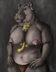 anthro big_breasts bottomwear breast_play breast_squish breasts brown_eyes clothing duo ear_piercing ear_ring eyewear female fur goggles green_eyes grey_body grey_skin homebrew jewelry loincloth male male/female necklace nipples overweight piercing ring_piercing size_difference size_play squish yellow_body yellow_fur yenocwolf secrets_of_uncrom uncrom owhen befitu common_hippopotamus hippopotamid jaktus mammal absurd_res hi_res