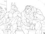 anthro badcoyote balls casual_nudity duo flaccid foreskin genitals locker_bench locker_room male male/male mammal monochrome muscular muscular_anthro muscular_male nude partially_retracted_foreskin penis sitting towel towel_around_neck