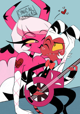 acoustic_guitar arm_tattoo armwear black_bottomwear black_clothing bottomwear bow_tie breasts closed_smile clothed clothing dress duo elbow_gloves eyebrows fangs female fingerless_gloves freckles gloves guitar hair handwear heart_symbol heart_tattoo holding_head horn jacket kissing kissing_cheek larger_female lipstick long_hair makeup male male/female mouth_closed musical_instrument not_furry one_eye_closed pants pink_body pink_eyes pink_hair plucked_string_instrument red_body red_clothing simple_background size_difference smaller_male smile string_instrument suit tail tattoo teeth topwear white_clothing white_dress white_hair wings yellow_sclera cynical_wonders hellaverse helluva_boss moxxie_(helluva_boss) verosika_mayday demon demon_humanoid horned_humanoid humanoid imp succubus tailed_humanoid winged_humanoid hi_res