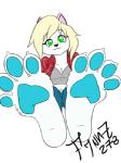 3:4 4_toes anthro barefoot biped black_nose blonde_hair blue_pawpads breasts claws clothed clothing feet felid female fenriz278 foot_focus fur green_eyes hair humanoid_feet janet_frostfang low_res mammal pantherine pawpads paws plantigrade signature simple_background smile snow_leopard soles solo toe_claws toes white_body white_fur