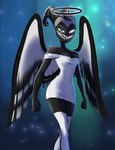 black_body black_feathers breasts clothed clothing dress feathers female glowing glowing_eyes grey_body grey_feathers halo horn looking_at_viewer open_mouth open_smile simple_background smile solo thick_thighs wings devilsroost hazbin_hotel exorcist_(hazbin_hotel) lute_(hazbin_hotel) angel angel_humanoid humanoid hi_res