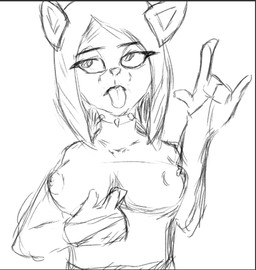 anthro breasts choker clothed clothing collar female flashing gesture hand_gesture jewelry making_faces necklace solo tongue tongue_out topless unimpressed exec4t_(artist) beast_house morgana_(xamoel) domestic_cat felid feline felis mammal hi_res monochrome