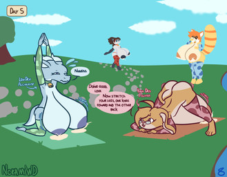 animal_print anthro arm_warmers armwear ass_up big_breasts big_butt bodily_fluids breast_expansion breasts butt clothing cow_print cowbell crossgender expansion female huge_breasts hyper hyper_breasts ineffective_clothing jack-o'_pose lactating leg_warmers legwear mtf_crossgender non-mammal_breasts pose short_stack simple_background thick_thighs wide_hips yoga yoga_mat nokamiwd charop_(nokamiwd) samson_(nokamiwd) kobold lagomorph leporid mammal rabbit scalie hi_res