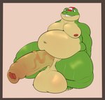 anthro balls big_balls big_penis bodily_fluids clothing crouching foreskin genitals hat headgear headwear huge_balls huge_penis hyper male moobs overweight penis smile solo sweat vein veiny_penis rokie38 nintendo star_fox slippy_toad amphibian frog absurd_res hi_res