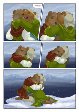 5_fingers anthro biped bodily_fluids brown_body brown_fur clothed clothing cloud cloudy_sky day dialogue duo eyes_closed female fingers fur head_kiss hug outside plant scar sky snow snowing tears tree bjekkergauken hillevi nanna_(bjekkergauken) bear brown_bear mammal ursine 2025 colored comic hi_res