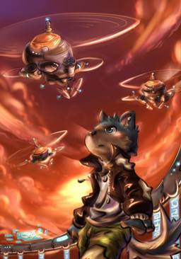 aircraft anthro blue_eyes bottomwear clothing cloud coat helicopter male outside shirt shorts sky solo sun tail topwear vehicle lilinfeng canid canine canis domestic_dog husky mammal nordic_sled_dog spitz
