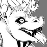 anthro black_sclera forked_tongue grin horn male smile tattoo team_stardust tongue toothy_grin greaserdemon artfight2024 mythology dragon mythological_creature mythological_scalie scalie 1:1 headshot_portrait hi_res monochrome portrait sketch