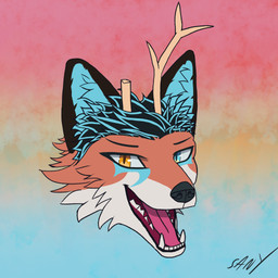 anthro antlers broken_horn gradient_background heterochromia horn looking_at_viewer male open_mouth open_smile simple_background smile solo teeth wings sanythefox sany_van_fox lagomorph mammal wolpertinger 1:1 absurd_res digital_media_(artwork) headshot_portrait hi_res icon portrait signature