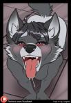 2018 all_fours anthro azaleesh begging black_hair black_nose blush bodily_fluids breasts canid canine canis close-up coyote drooling face_focus female fur grey_body grey_fur hair half-closed_eyes hi_res inner_ear_fluff mammal narrowed_eyes nude open_mouth oral_invitation pink_tongue presenting_mouth raised_tail red_eyes saliva sharp_teeth solo tail tarja_esterdottir teeth tongue tongue_out tuft uvula white_inner_ear_fluff
