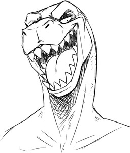 anthro front_view looking_at_viewer male narrowed_eyes open_mouth open_smile sharp_teeth simple_background smile solo teeth tongue unsigned swampjaws sylvester_(imperatorcaesar) lizard reptile scalie black_and_white bust_portrait monochrome portrait sketch
