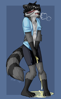 anthro black_body black_fur blush bodily_fluids bottomwear breath clothing desperation fluffy full_bladder fur genital_fluids grey_body grey_fur holding_crotch male multicolored_body multicolored_fur omorashi organs pants peeing shirt solo sonador_cromwell standing striped_body striped_fur stripes topwear urine watersports wet wet_clothing wetting white_body white_fur punkrockvampire sonador mammal procyonid raccoon
