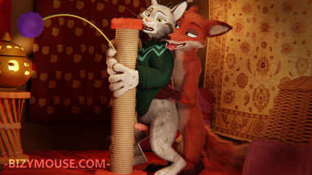 animal_genitalia anthro duo genitals knot knotted_penis male male/male penile_spines penis scratching_post sex standing standing_sex text tongue tongue_out bizymouse disney zootopia nick_wilde pawbert_lynxley 16:9 2026 3d_(artwork) digital_media_(artwork) url widescreen