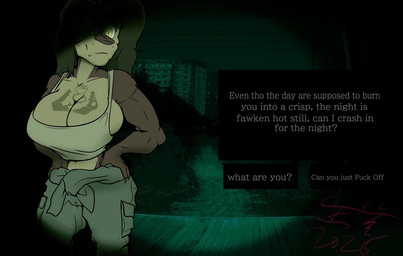 anthro big_breasts bodily_fluids bottomwear breasts clothed clothing dialogue gynomorph intersex night profanity solo sweat sweatdrop tattoo text topwear cali_de_noodle fallout microsoft no_i'm_not_a_human cali_(cali_de_noodle) night_stalker_(fallout) english_text