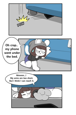all_fours anthro beanie bed black_clothing black_shirt black_topwear blue_bottomwear blue_clothing blue_shorts bodily_fluids bottomwear brown_hair cellphone clothing dialogue electronics furniture grey_beanie grey_clothing grey_hat grey_headwear hair hat headgear headwear kneeling male phone reaching shirt shorts smartphone solo speech_bubble sweat tail text topwear tonytoran tony_(tonytoran) chinchilla chinchillid mammal rodent absurd_res comic english_text hi_res