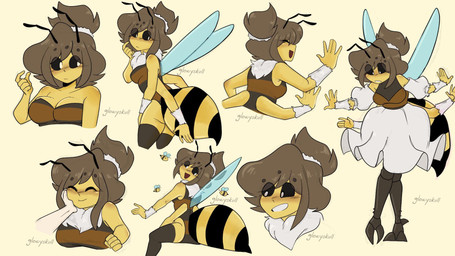 4_arms accessory anthro balancing blush blush_lines breasts brown_clothing brown_hair brown_shirt brown_topwear caressing_face claws clothing dark_sclera dress female gesture hair hair_accessory hair_tie holding_butt multi_arm multi_limb multiple_poses pattern_clothing pose shirt smile solo striped_body striped_clothing stripes toe_claws topwear waving yellow_body glowyskull maylene_bea_(glowyskull) arthropod bee humanoid hymenopteran insect 16:9 digital_drawing_(artwork) digital_media_(artwork) hi_res widescreen