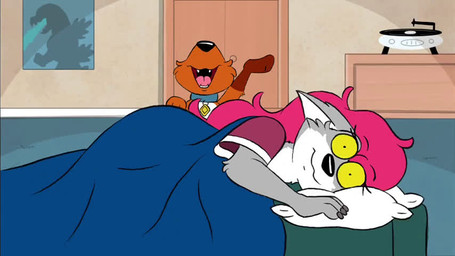 annoyed anthro appliance big_breasts blinking bottomless breasts brown_body brown_fur brush brushing brushing_teeth clothed clothing collar collar_tag duo female feral food fridge fur grey_body grey_fur hair kitchen_appliance male male/female master multicolored_body multicolored_fur music oversized_clothing pancake pink_hair size_difference sleeping socs_(lightluxcollie) song sportswear waking_up lightluxcollie godzilla_(series) toho faye_(lightluxcollie) godzilla canid canine canis domestic_dog mammal wolf animated meme short_playtime sound video