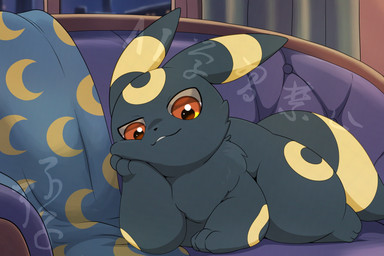 ambiguous_gender black_body black_fur feral fur furniture head_on_hand kemono looking_at_viewer on_sofa orange_eyes smug sofa solo hirochanu nintendo pokemon eeveelution generation_2_pokemon pokemon_(species) umbreon 2025 3:2 distracting_watermark hi_res watermark