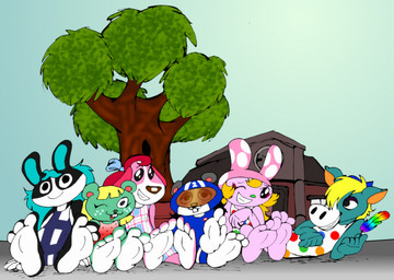 anthro blue_body blue_fur breasts feathers feet female foot_fetish fur group humanoid_feet male multicolored_body multicolored_fur pink_body pink_fur plantigrade soles teal_body teal_fur toes ralftheralfman animal_crossing nintendo agent_s_(animal_crossing) chrissy_(animal_crossing) cookie_(animal_crossing) dotty_(animal_crossing) ed_(animal_crossing) nibbles_(animal_crossing) canid canine canis domestic_dog equid equine horse lagomorph leporid mammal rabbit rodent sciurid tree_squirrel 2014