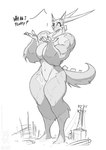 anthro big_breasts breasts building claws dialogue featureless_breasts featureless_crotch female fur horn macro muscular muscular_anthro muscular_arms muscular_female muscular_legs solo utility_pole conditional_dnp jollyjack mythology lemony_(jollyjack) canid canine kaiju mammal mythological_canine mythological_creature werecanid werecanine werecreature werewolf 2025 greyscale monochrome