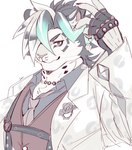 anthro blue_eyes clothing d6 dice fingerless_gloves fur gloves hair handwear jewelry kemono male multicolored_hair necklace solo suit white_body white_fur izm_rm7 lifewonders live_a_hero raizi felid feline mammal pantherine snow_leopard hi_res