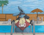 anthro big_breasts breasts chair cleavage clothed clothing cloud female fence furniture huge_breasts hyper hyper_breasts looking_at_viewer neck_tuft one-piece_swimsuit open_mouth palm_tree patio plant pokeball poolside red_eyes solo swimming_pool swimwear table thick_thighs tree tuft umbrella water wide_hips wood wood_fence nooxgard nintendo pokemon generation_4_pokemon lucario pokemon_(species) hi_res